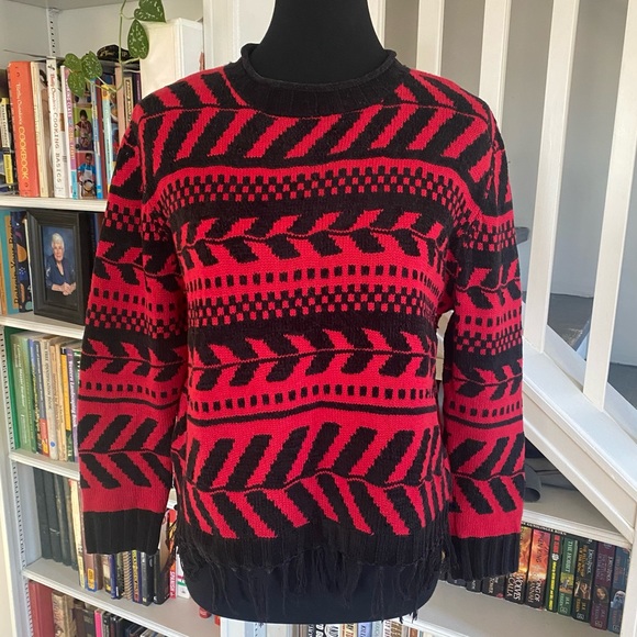 Vintage Monterey by Korea Red & Black Fringe Sweater - Picture 1 of 9